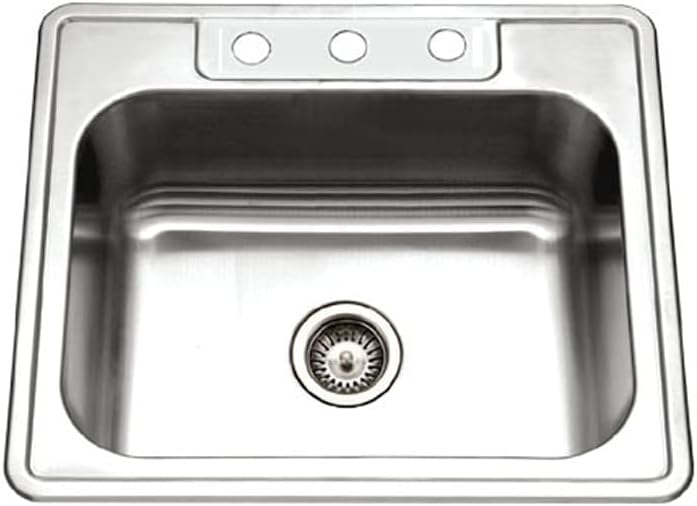 Houzer Stainless Steel 2522-8BS3-1 Glowtone Series Kitchen Sink - 25" Topmount Drop In Multipurpose Sink, Single Bowl Basin, 3 Hole, Ideal for Workstation, RV, Outdoor Kitchen, or Bar
