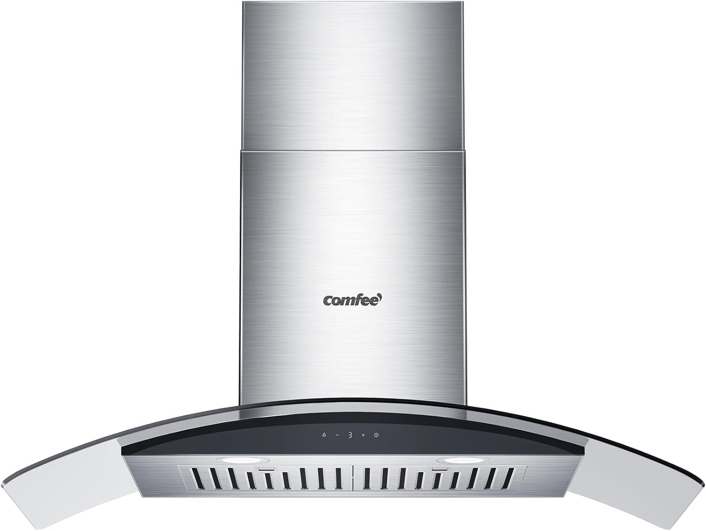COMFEE' Curved Glass Range Hood 30 Inch 450 CFM 3 Speed Gesture Sensing &Touch Control Panel Stainless Steel kitchen Ductless/Ducted Convertible with Baffle Filters and 2 LED Lights (CVG30W9AST)