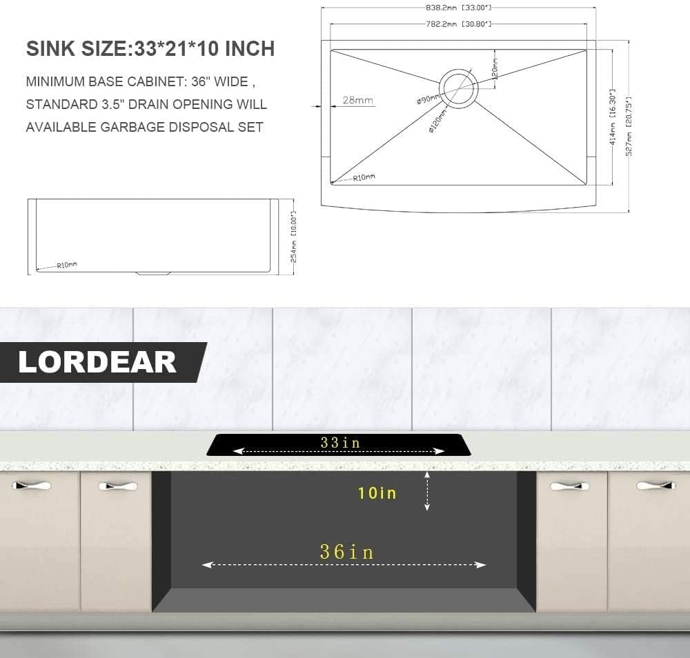 Lordear 33 inch Apron Front Farmhouse Kitchen Sink Copper Tone Bronze 16 Gauge Stainless Steel Deep Single Bowl Kitchen Farm Sink Basin