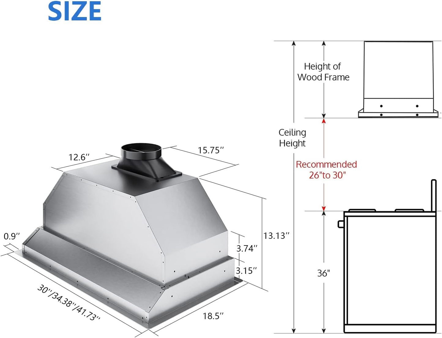 IKTCH 36 inch Built-in/Insert Range Hood 900 CFM, Ducted/Ductless Convertible Duct, Stainless Steel Kitchen Vent Hood with 2 Pcs Adjustable Lights and 3 Pcs Baffle Filters with Handlebar(IKB02-36'')
