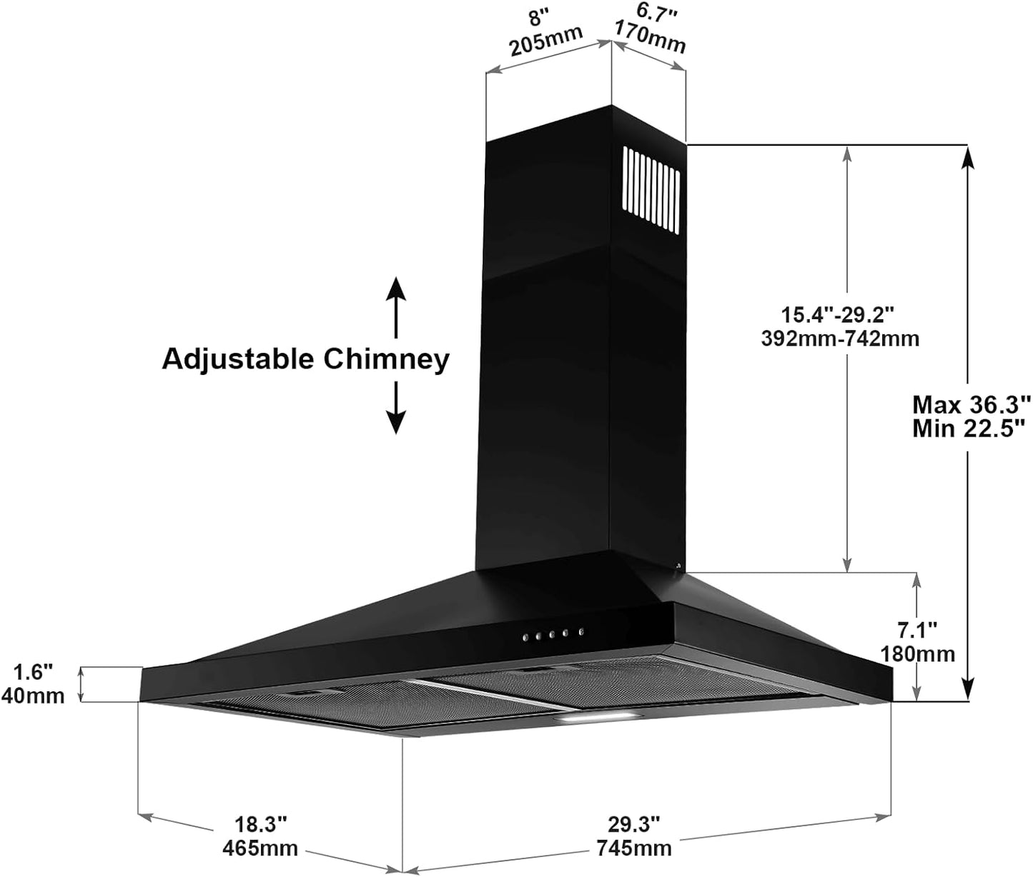 SNDOAS Black Range Hood 30 inch,Hood Vents for Kitchen with Ducted/Ductless Convertible,Vent Hoods 30 inch,Wall Mount Ductless Range Hood,Stainless Steel Kitchen Vent Hood with LED Light