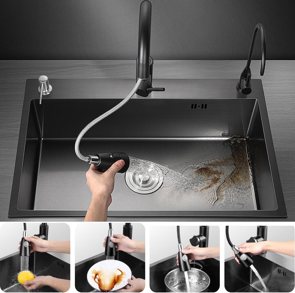 ARTLINE Black Kitchen Sink, Stainless Steel Single Bowl Sink, Drop In/Topmount Workstation Sink with Sliding Accessories, Farmhouse Workstation Sink with Multiple Accessories (19.7 x 17.7in), RXZE031