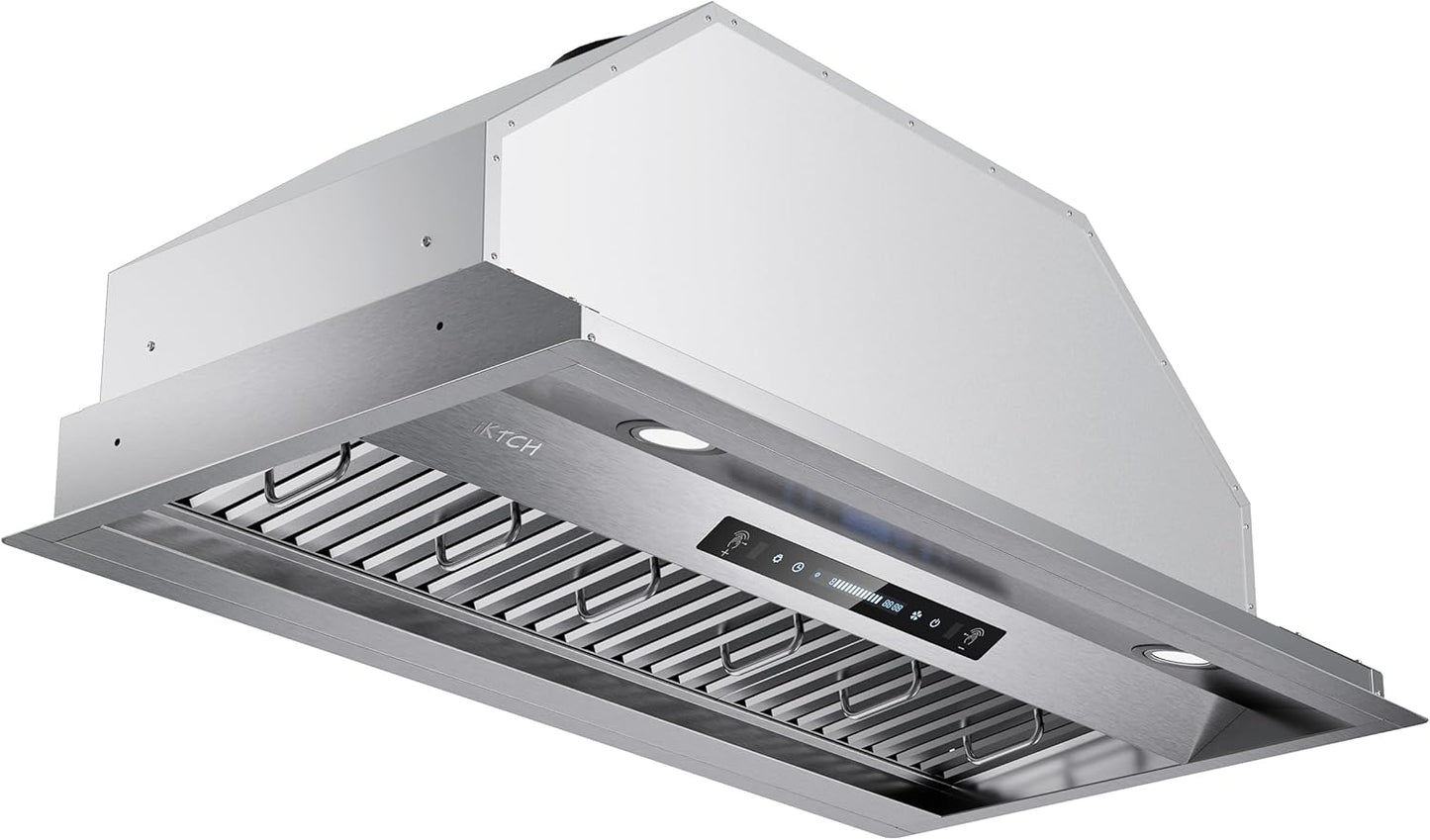 IKTCH 36 inch Built-in/Insert Range Hood 900 CFM, Ducted/Ductless Convertible Duct, Stainless Steel Kitchen Vent Hood with 2 Pcs Adjustable Lights and 3 Pcs Baffle Filters with Handlebar(IKB02-36'')