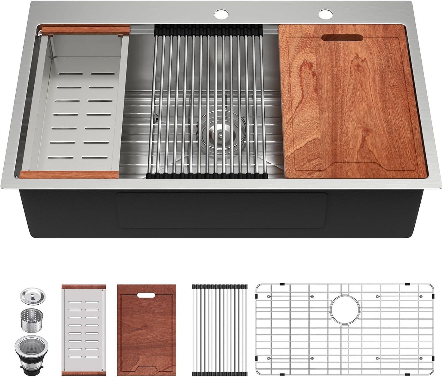 Lordear 33 Drop In Kitchen Sink Workstation 33x22 Kitchen Sinks Drop In Stainless Steel 16 Gauge Single Bowl Handmade Topmount Sink with Cutting Board