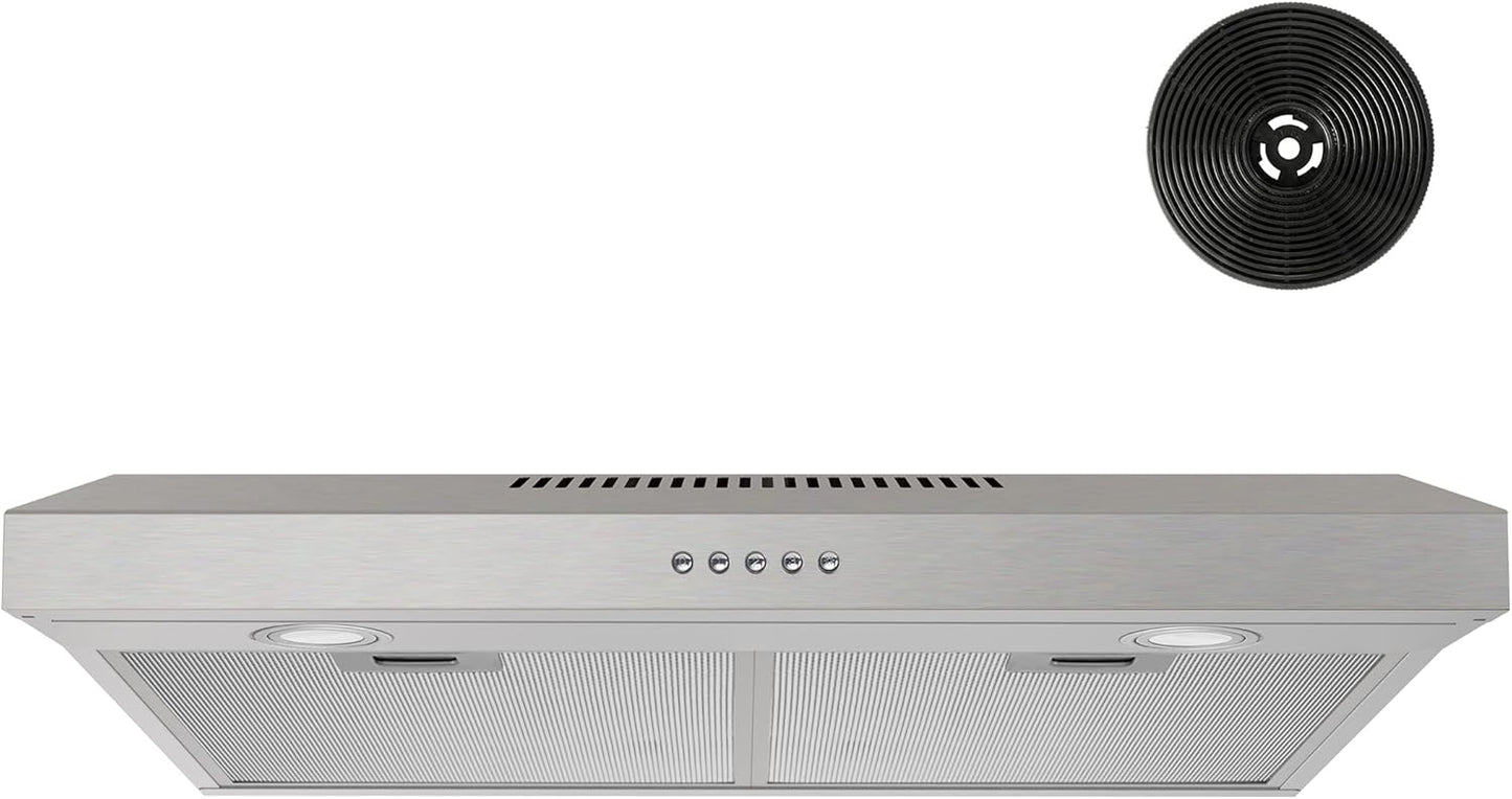 FIREGAS 30 inch Range Hood Under Cabinet, Ducted/Ductless Convertible Stainless Steel Kitchen Range Hood with Rocker Button Control, 2 Speed Exhaust Fan, 300 CFM Aluminum Filter Included
