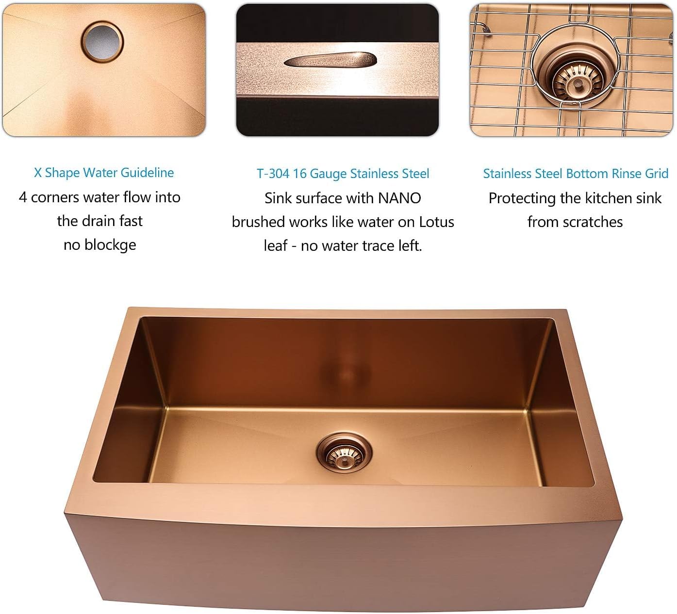 Lordear 33 inch Apron Front Farmhouse Kitchen Sink Copper Tone Bronze 16 Gauge Stainless Steel Deep Single Bowl Kitchen Farm Sink Basin