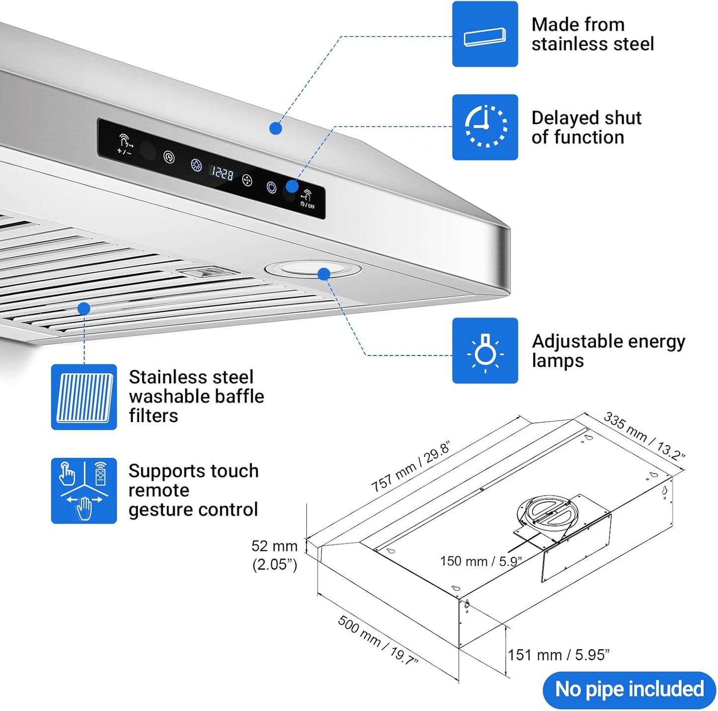 AMZCHEF Under Cabinet Range Hood 30 Inch, 750CFM Stainless Steel Kitchen Stove Vent Hood 3 Speed Exhaust Fan Touch/Remote/Gesture Control LED lights Time Setting Dishwasher-Safe Baffle Filters