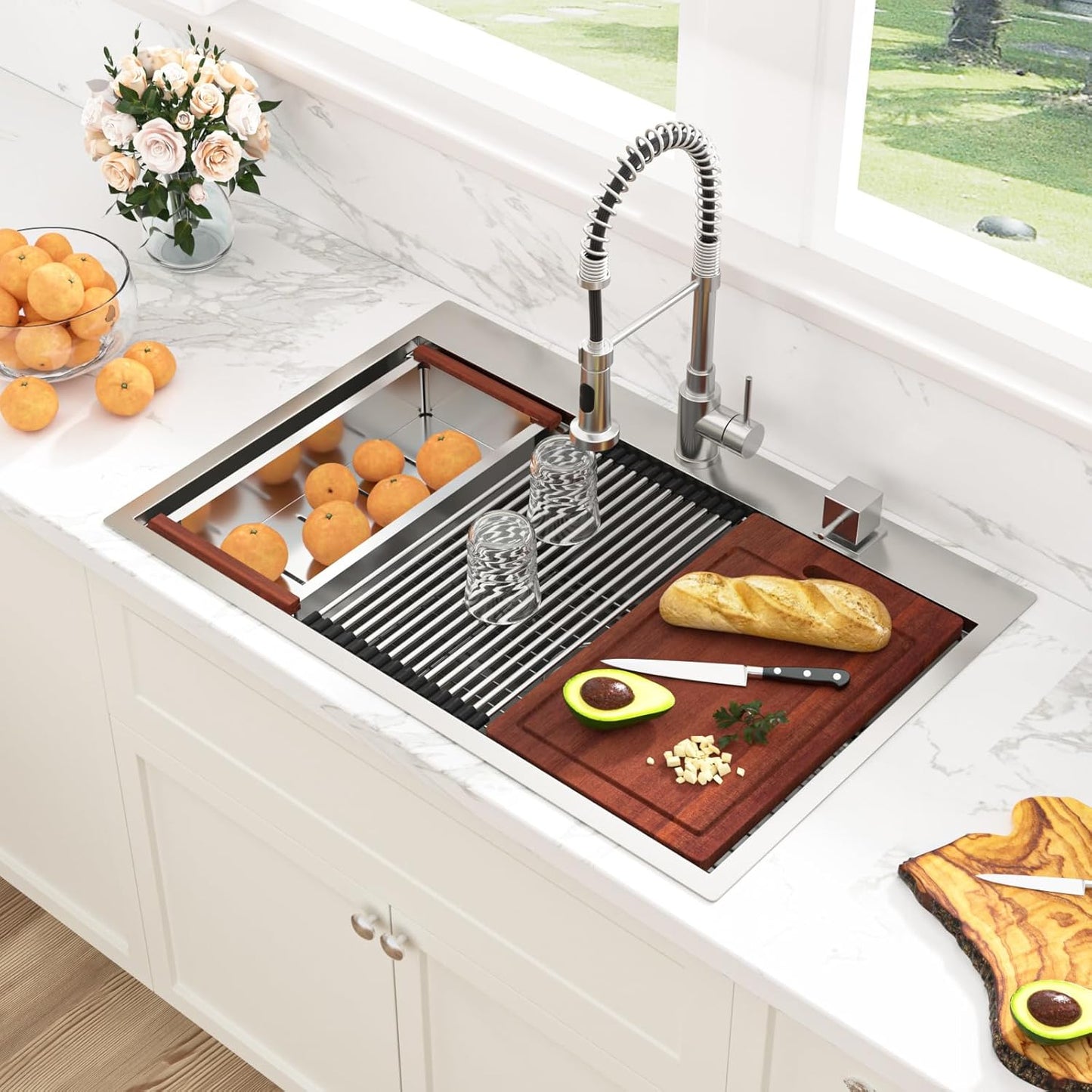 Sarlai 36 Inch Waterfall Kitchen Sink Workstation - 36x22 Waterfall Drop In Sink Stainless Steel 16 Gauge Sink Multifunction Single Bowl Smart Top Mount Kitchen Sinks with Faucet Combo