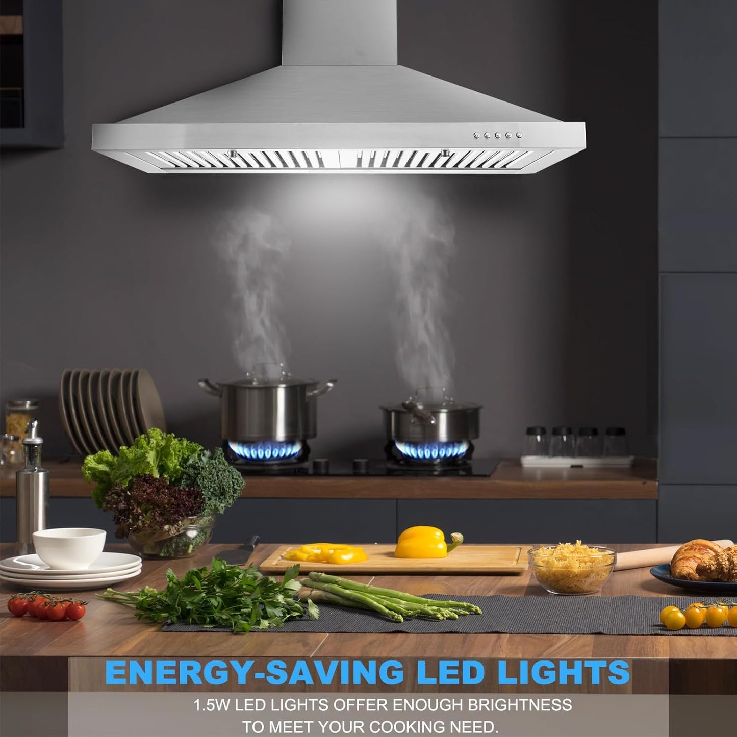 Range Hood, Range Hoods 30 inch Stainless Steel, 450 CFM Kitchen Hood with LED Light Baffle Filters, 3 Speed Exhaust Fan Vent Hood