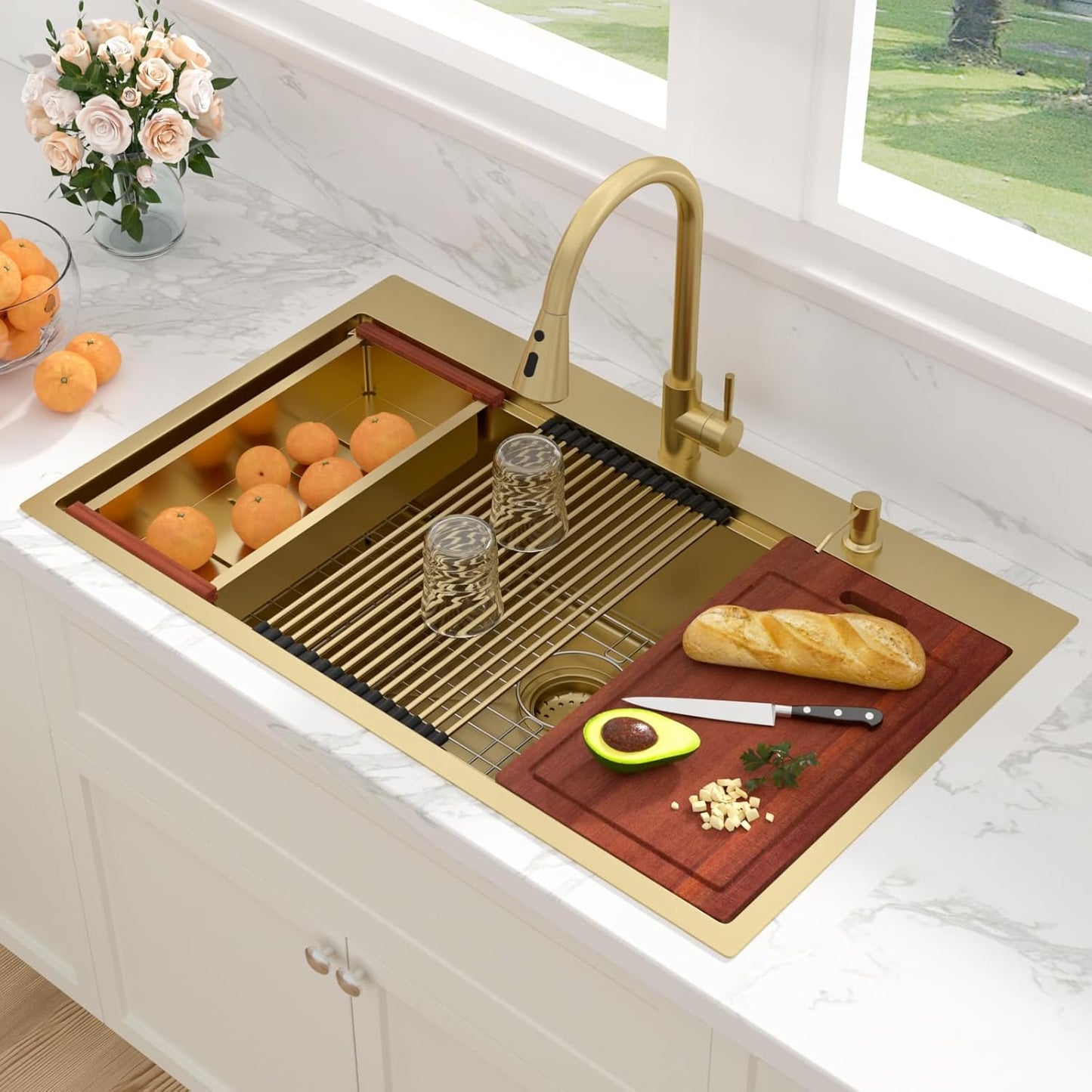Sarlai 36 Inch Waterfall Kitchen Sink Workstation - 36x22 Waterfall Drop In Sink Stainless Steel 16 Gauge Sink Multifunction Single Bowl Smart Top Mount Kitchen Sinks with Faucet Combo