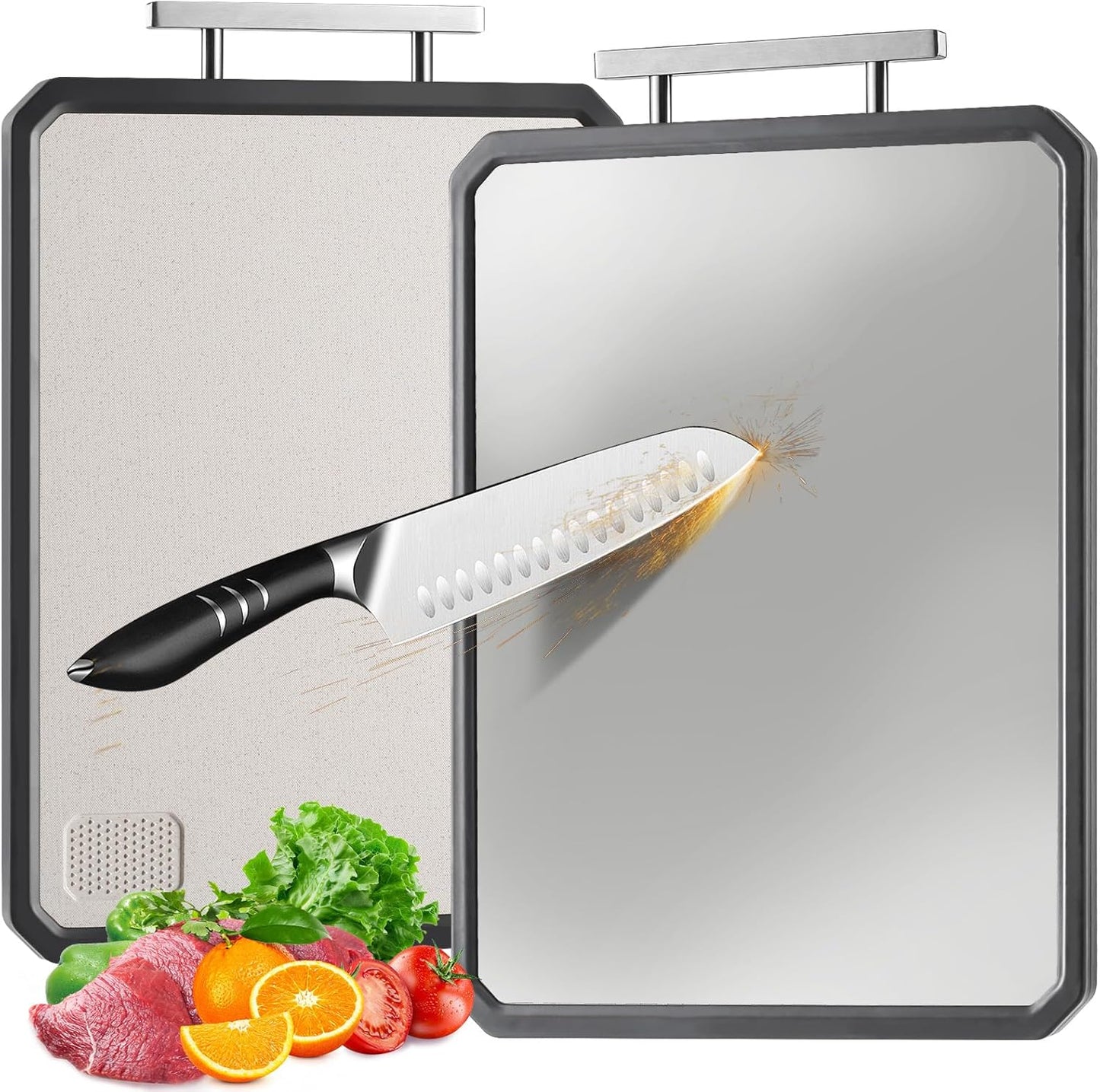 Stainless Steel Cutting Board for Kitchen, Non Toxic Large Chopping Board Double Sided Non-slip Scratch-resistant Mesh Design with Juice Groove Food-Grade Wheat Straw PP 15×10 In Easy to Clean