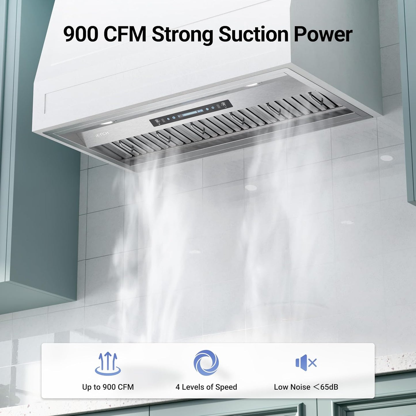 IKTCH 36 inch Built-in/Insert Range Hood 900 CFM, Ducted/Ductless Convertible Duct, Stainless Steel Kitchen Vent Hood with 2 Pcs Adjustable Lights and 3 Pcs Baffle Filters with Handlebar(IKB02-36'')