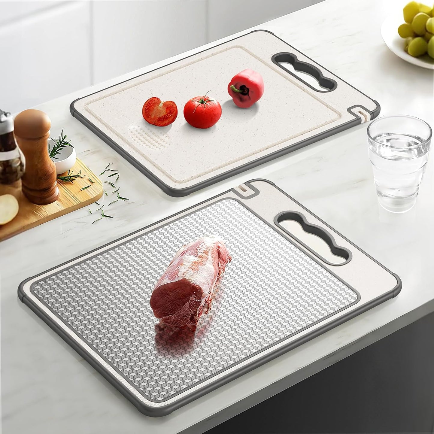 Double Sided 304 Stainless Steel & Wheat Straw Cutting Board, 14.4"*9.8" Non Toxic Chopping Board, Separately Handle Meat and Vegetables, Dishwasher Safe, Scratch Resistant Mesh Design