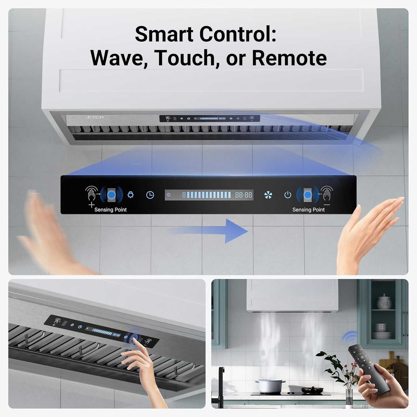 IKTCH 36 inch Built-in/Insert Range Hood 900 CFM, Ducted/Ductless Convertible Duct, Stainless Steel Kitchen Vent Hood with 2 Pcs Adjustable Lights and 3 Pcs Baffle Filters with Handlebar(IKB02-36'')