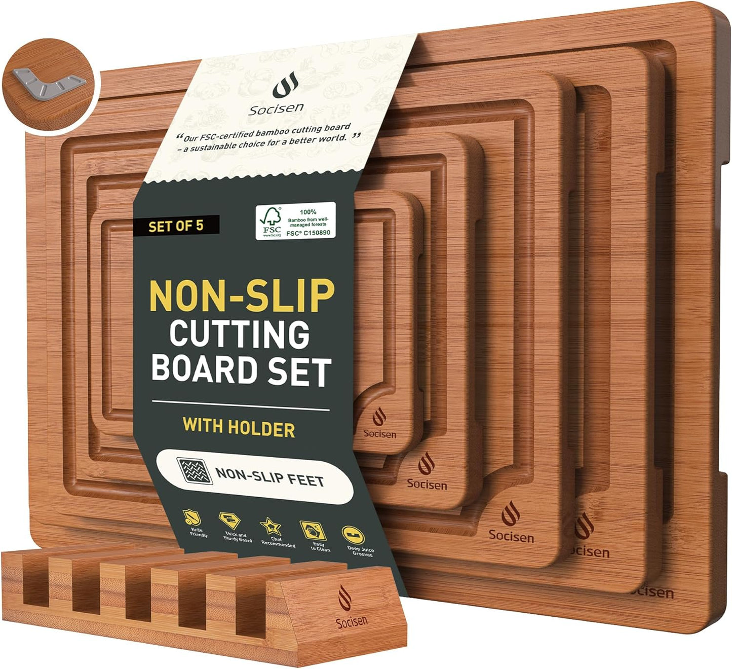 3 Packs Bamboo Cutting Board Set with Non Slip Feet Holder and Over Sink Nice Solid Thick Wood Juice Groove Chopping Board Extra Large Big Small Best Hardwood Kitchen Organic Vegetable Meat BBQ Kit