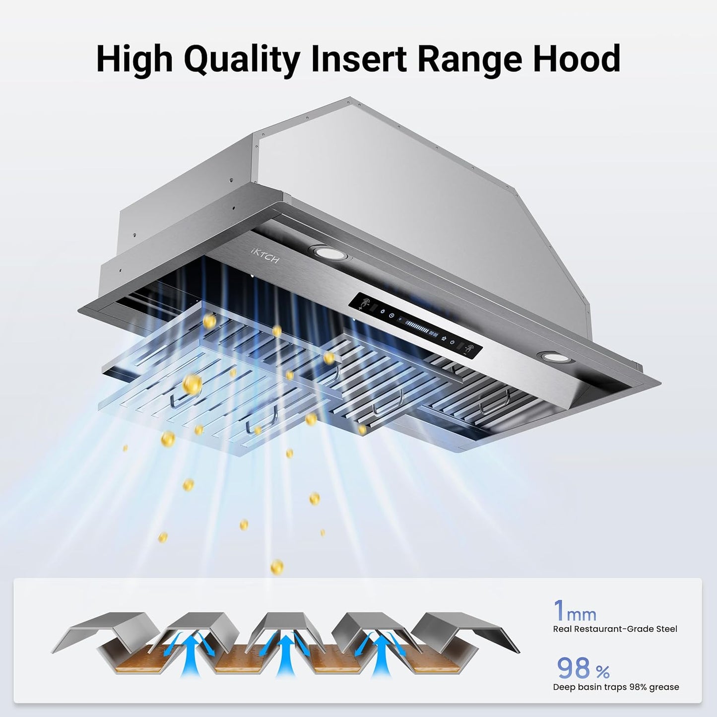 IKTCH 36 inch Built-in/Insert Range Hood 900 CFM, Ducted/Ductless Convertible Duct, Stainless Steel Kitchen Vent Hood with 2 Pcs Adjustable Lights and 3 Pcs Baffle Filters with Handlebar(IKB02-36'')
