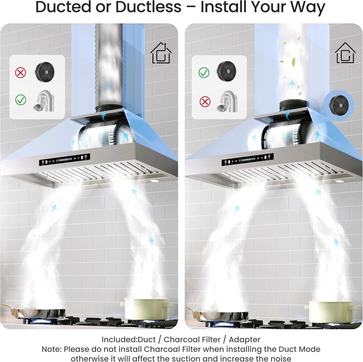 IKTCH 30-inch Wall Mount Range Hood 900 CFM Ducted/Ductless Convertible, Kitchen Chimney Vent Stainless Steel with Gesture Sensing & Touch Control Switch Panel, 2 Pcs Adjustable Lights(IKP02-30'')