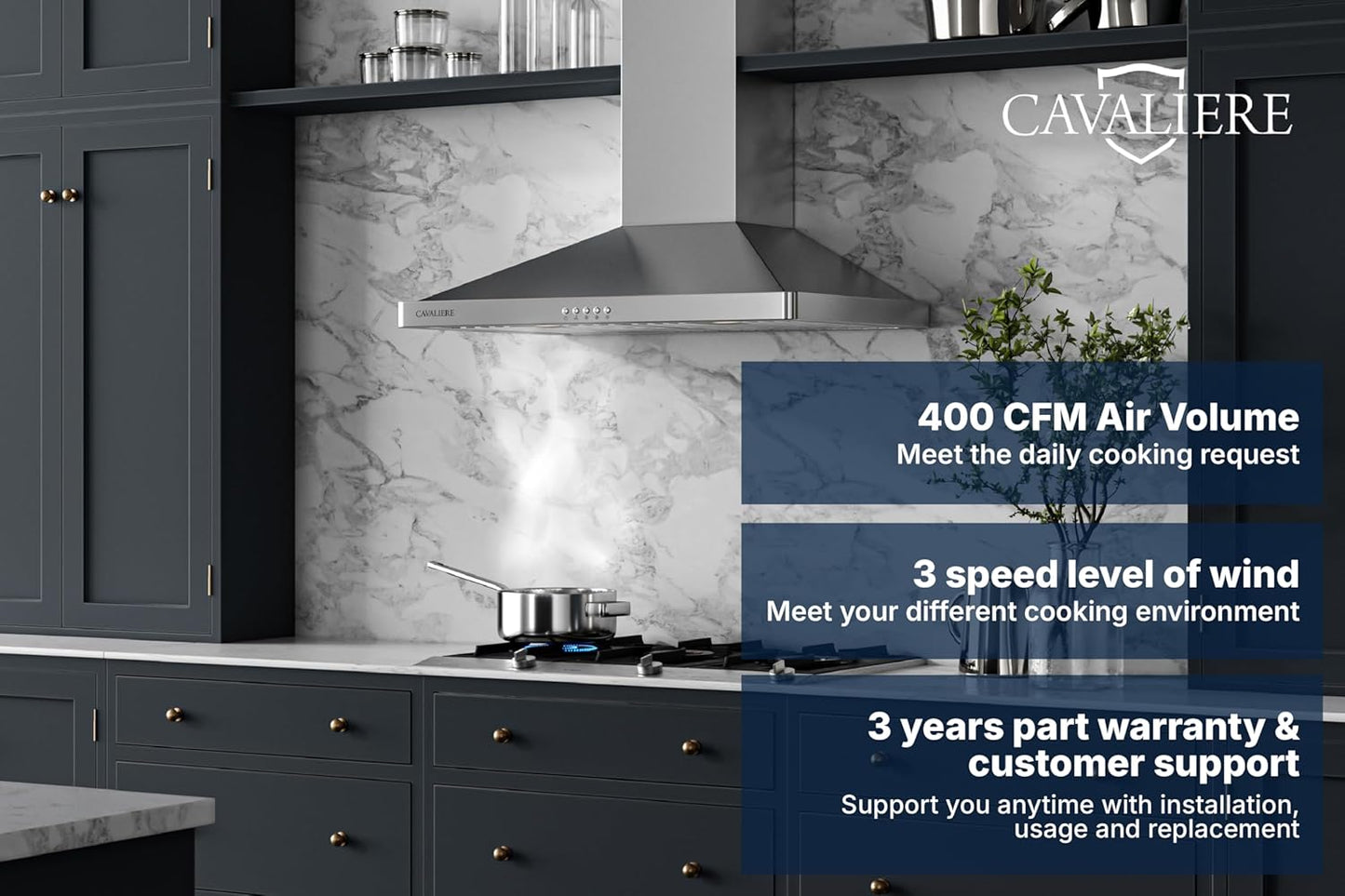 CAVALIERE Wall Mount Range Hood 30 Inch, 3-Year Warranty, Value-Focused 400 CFM, Enhanced Stainless Steel Kitchen Exhaust Fan, LED Light, Baffle Filter, 3 Speed Fan, Button Control