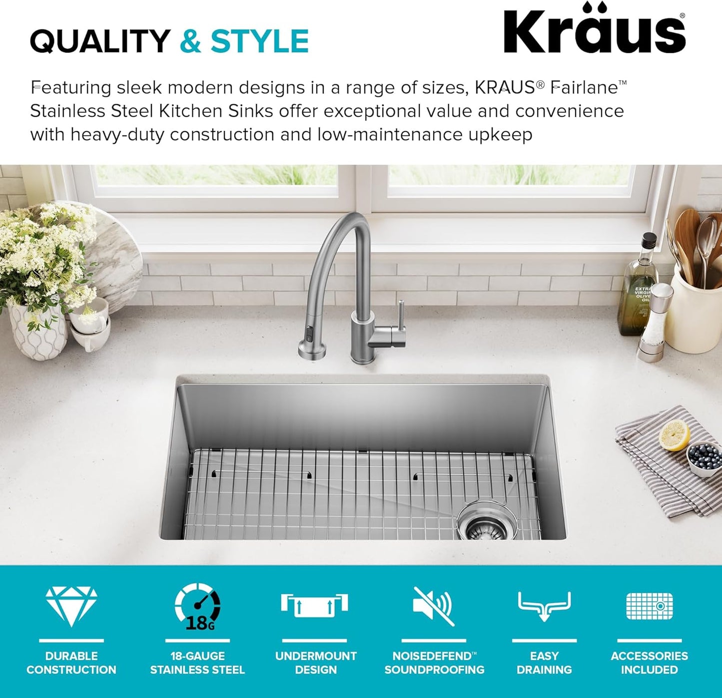 KRAUS Fairlane 33-inch Undermount Single Bowl 18-Gauge Stainless Steel Kitchen Sink, KHU640-33