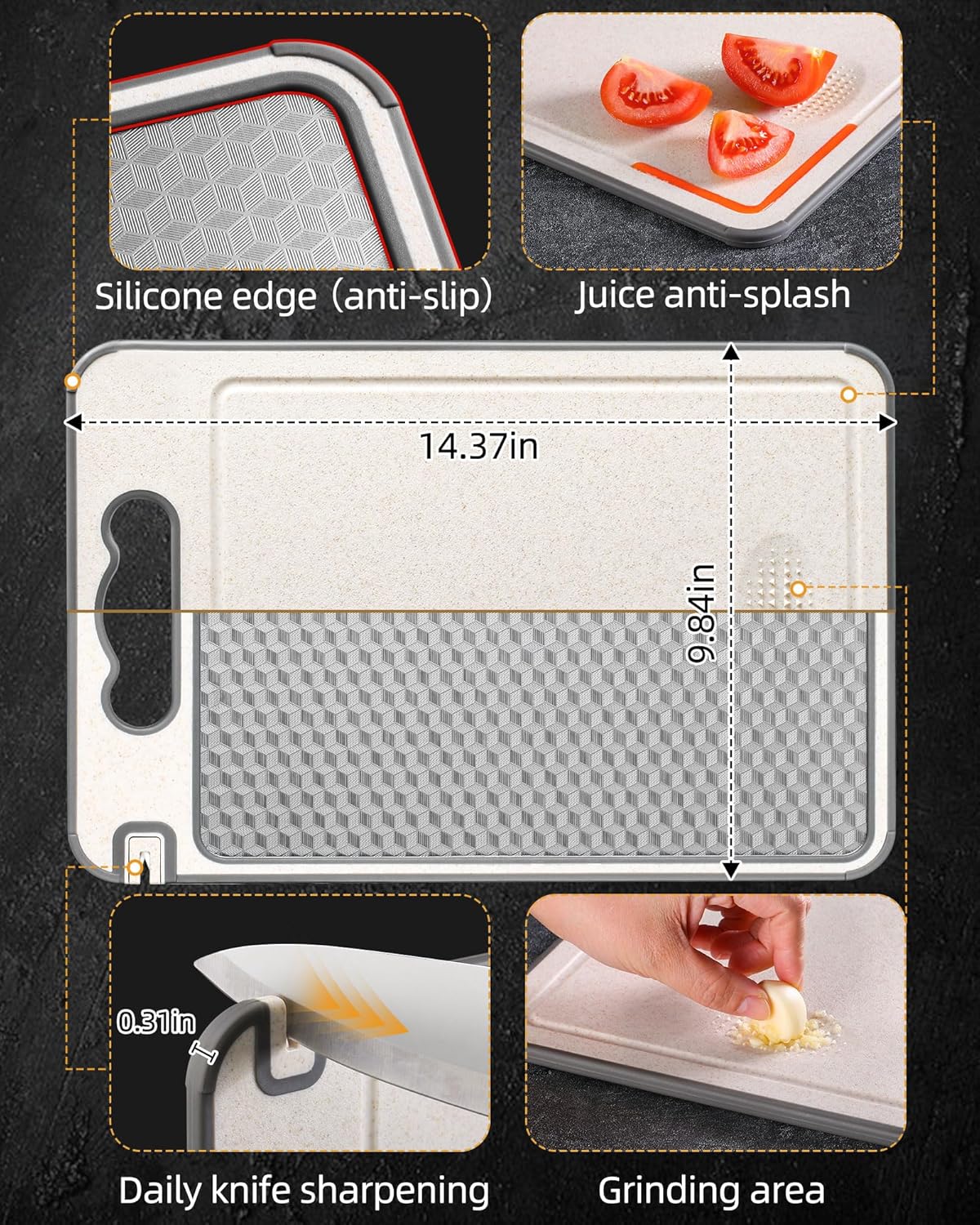 Stainless Steel Cutting Board for Kitchen, Non Toxic Large Chopping Board Double Sided Non-slip Scratch-resistant Mesh Design with Juice Groove Food-Grade Wheat Straw PP 15×10 In Easy to Clean