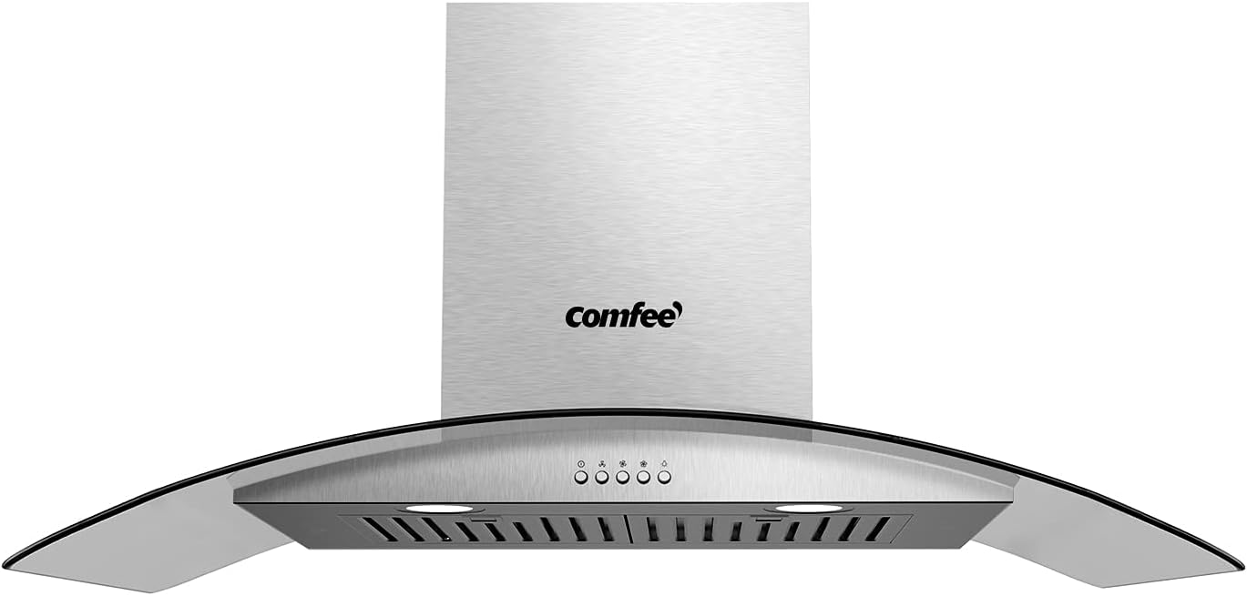 COMFEE' Curved Glass Range Hood 30 Inch 450 CFM 3 Speed Gesture Sensing &Touch Control Panel Stainless Steel kitchen Ductless/Ducted Convertible with Baffle Filters and 2 LED Lights (CVG30W9AST)