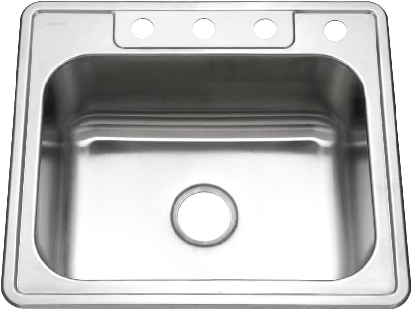 Houzer Stainless Steel 2522-8BS3-1 Glowtone Series Kitchen Sink - 25" Topmount Drop In Multipurpose Sink, Single Bowl Basin, 3 Hole, Ideal for Workstation, RV, Outdoor Kitchen, or Bar