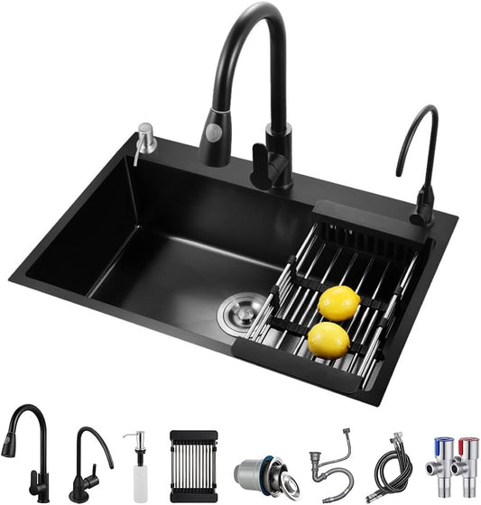 ARTLINE Black Kitchen Sink, Stainless Steel Single Bowl Sink, Drop In/Topmount Workstation Sink with Sliding Accessories, Farmhouse Workstation Sink with Multiple Accessories (19.7 x 17.7in), RXZE031
