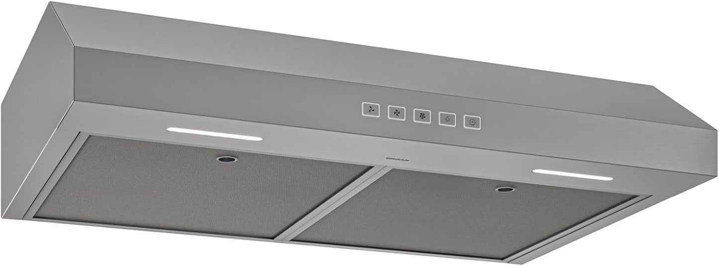 Broan-NuTone BCSQ130SS Three-Speed Glacier Under-Cabinet Range Hood with LED Lights ADA Capable, 1.5 Sones, 375 Max Blower CFM, 30-Inch, Stainless Steel