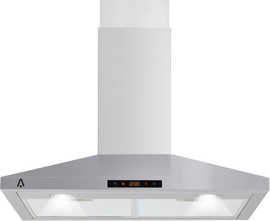 30 Inch Wall Mount Range Hood 265 CFM Ducted/Ductless Convertible, Stainless Steel Kitchen Range Vent Hood with 3 Inhalation Speeds, Touch Control, LED Lights
