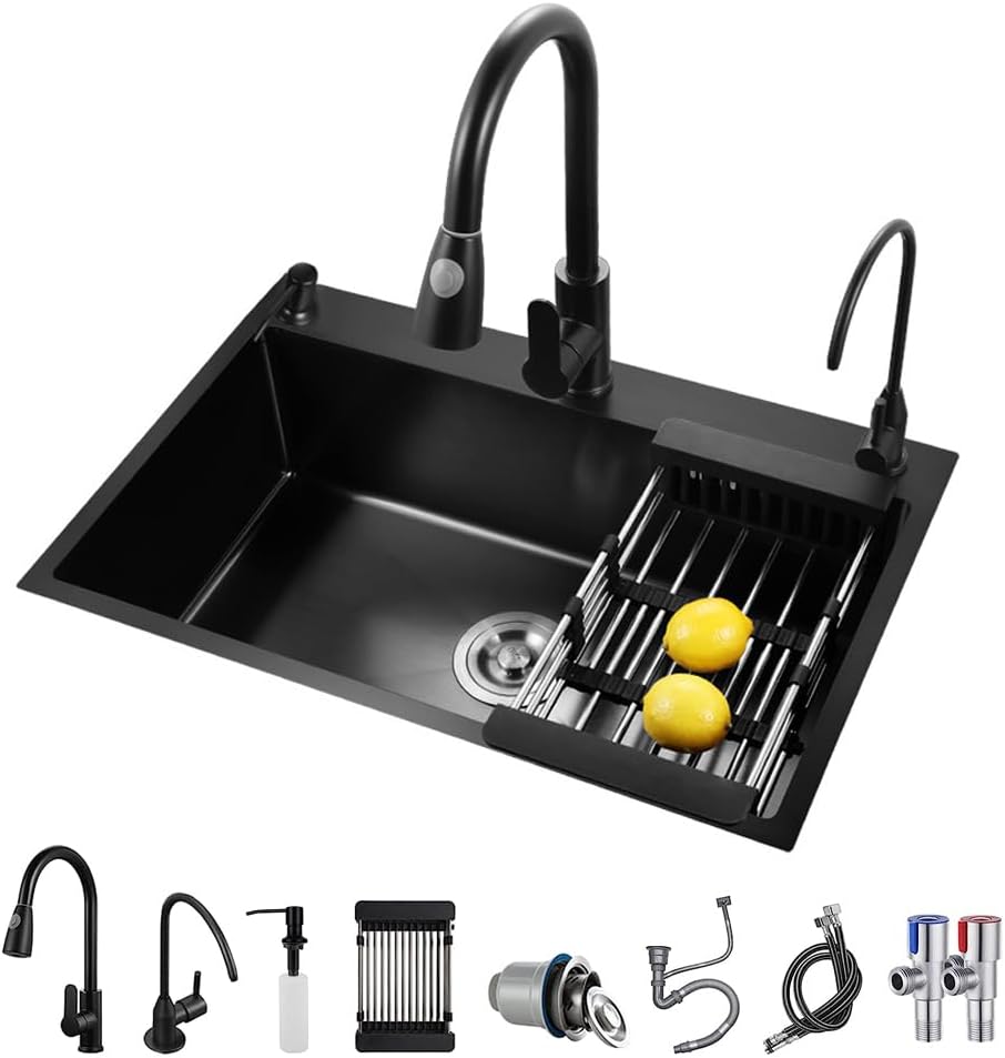 ARTLINE Black Kitchen Sink, Stainless Steel Single Bowl Sink, Drop In/Topmount Workstation Sink with Sliding Accessories, Farmhouse Workstation Sink with Multiple Accessories (19.7 x 17.7in), RXZE031