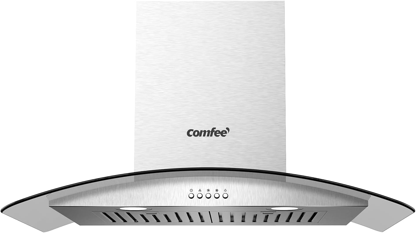 COMFEE' Curved Glass Range Hood 30 Inch 450 CFM 3 Speed Gesture Sensing &Touch Control Panel Stainless Steel kitchen Ductless/Ducted Convertible with Baffle Filters and 2 LED Lights (CVG30W9AST)