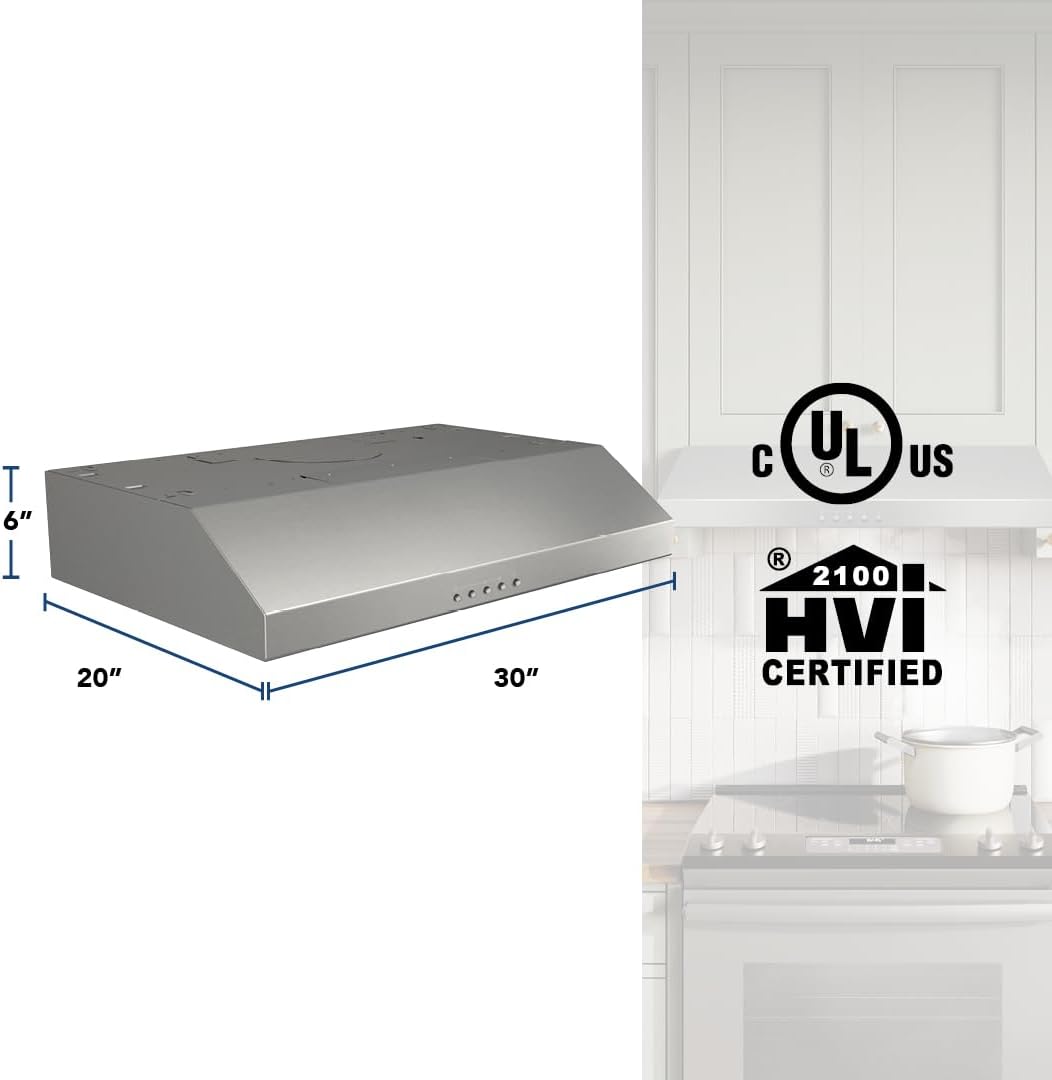 Broan-NuTone BCSQ130SS Three-Speed Glacier Under-Cabinet Range Hood with LED Lights ADA Capable, 1.5 Sones, 375 Max Blower CFM, 30-Inch, Stainless Steel