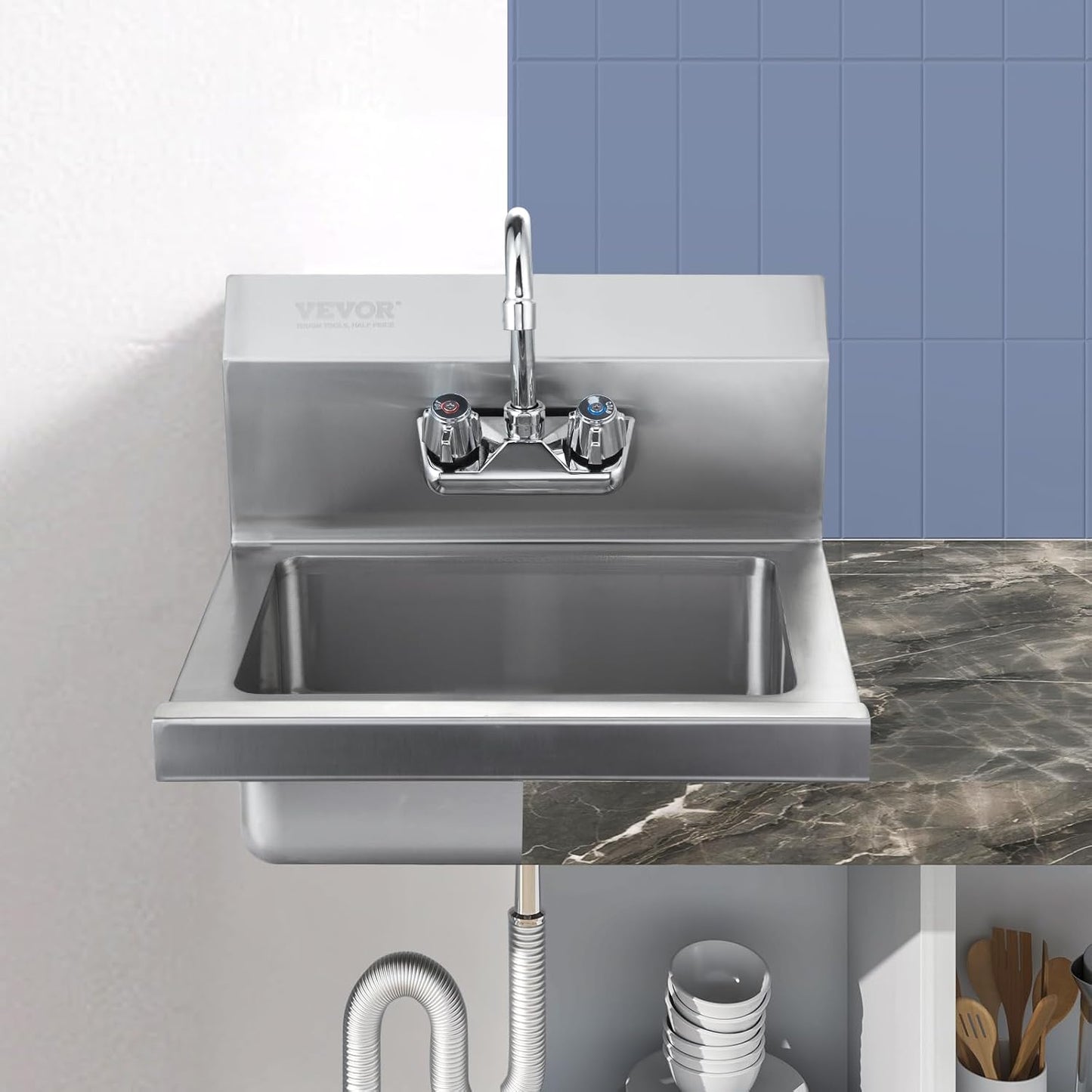 VEVOR Commercial Hand Sink 17x12.8 inch Stainless Steel Sink with Faucet & Side Splash, Wall-Mount Small Hand Basin for Restaurant, Kitchen, Bar, Garage, Home