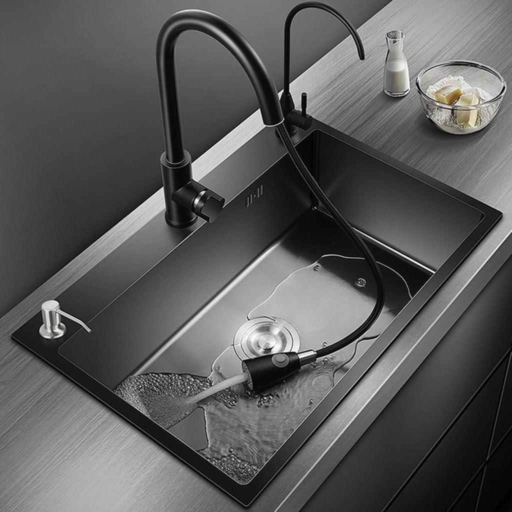 ARTLINE Black Kitchen Sink, Stainless Steel Single Bowl Sink, Drop In/Topmount Workstation Sink with Sliding Accessories, Farmhouse Workstation Sink with Multiple Accessories (19.7 x 17.7in), RXZE031