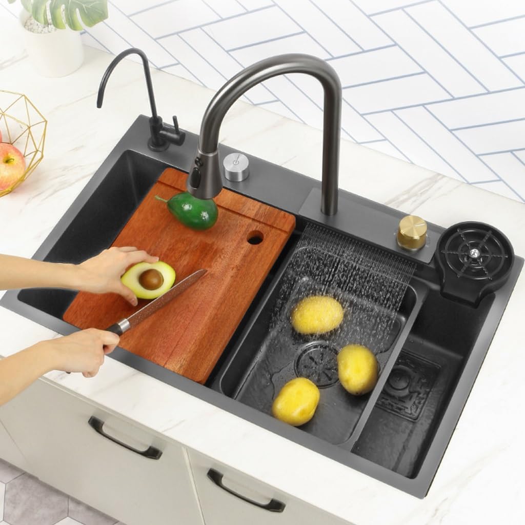 Black Waterfall Kitchen Sink, Drop in Single Bowl Stainless Steel Bar Sink with Cup Washer Sinks, Topmount Workstation Kitchen Sink with Accessories (Size : 26.8 x 17.7in)