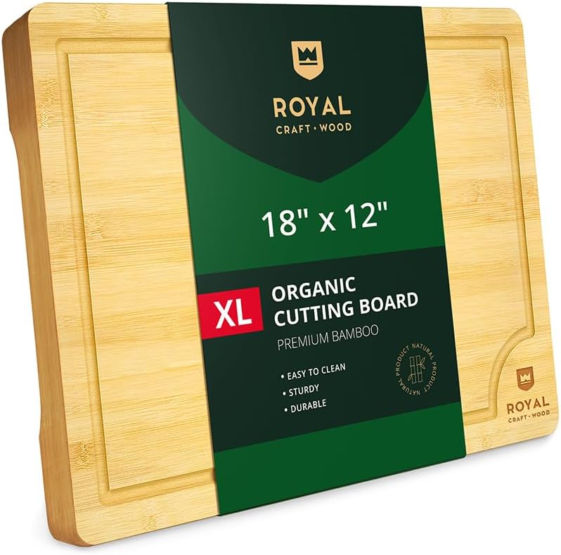 ROYAL CRAFT WOOD Wooden Cutting Boards for Kitchen Meal Prep & Serving - Bamboo Wood Serving Board Set with Deep Juice Groove Side Handles - Charcuterie & Chopping Butcher Block for Meat (3 Pcs)
