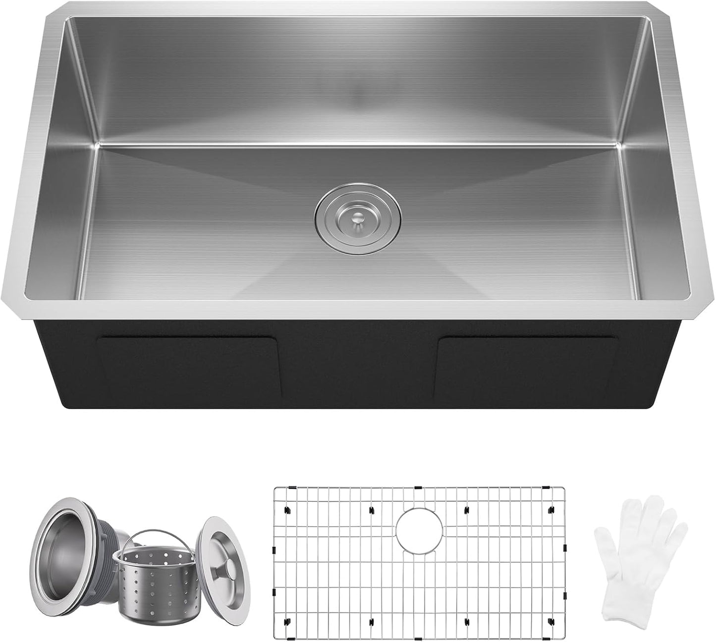 32x18 Undermount Kitchen Sink, WATERLACE Premium 16 Gauge 304 Stainless Steel Handmade Modern Kitchen Sink with Bottom Grid & Drain Assembly