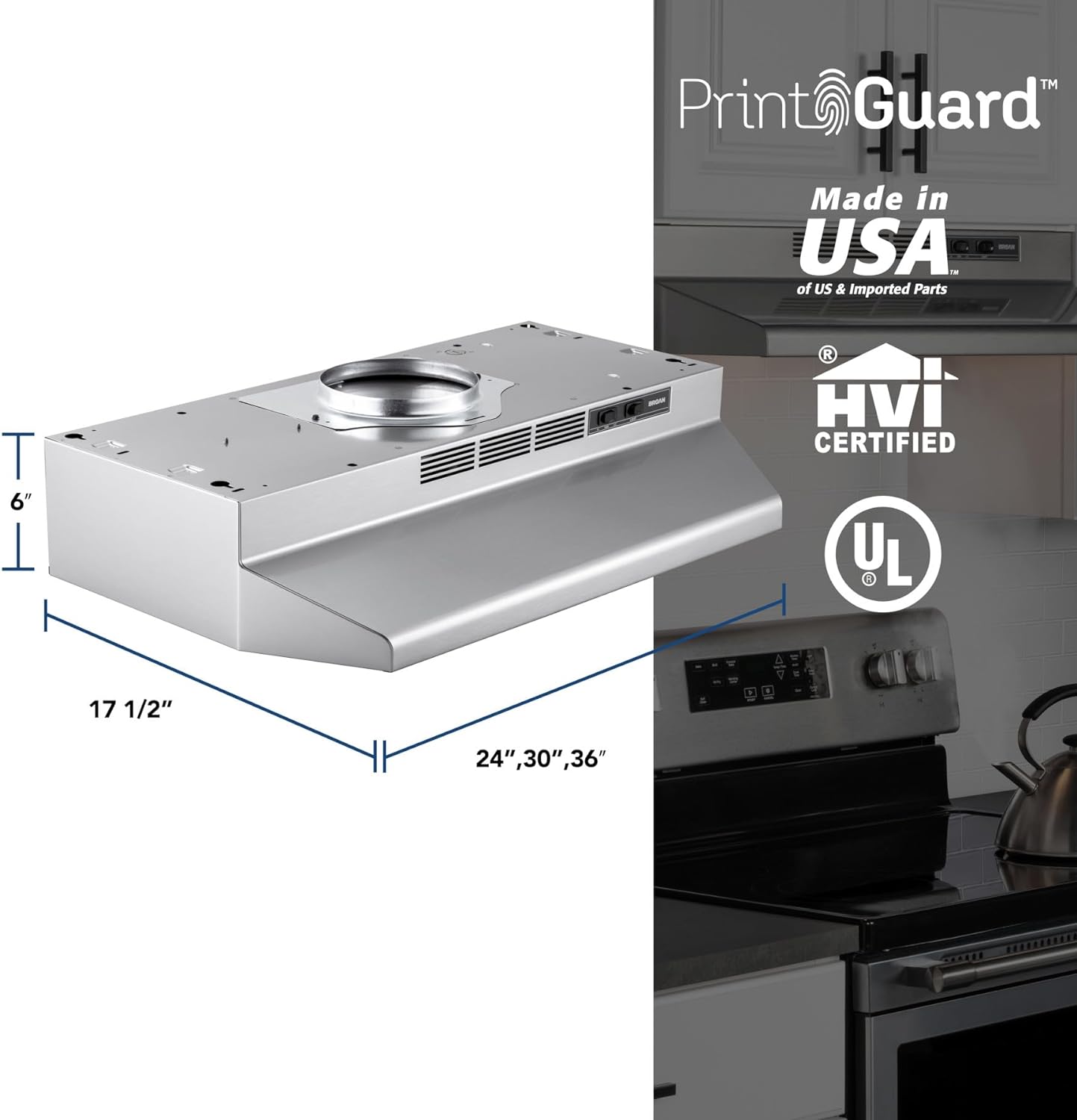 Broan-NuTone F4024SF Inch Fingerprint Resistant Convertible, 230 Max Blower CFM, 24", Stainless Finish with PrintGuard Under-Cabinet Range Hood