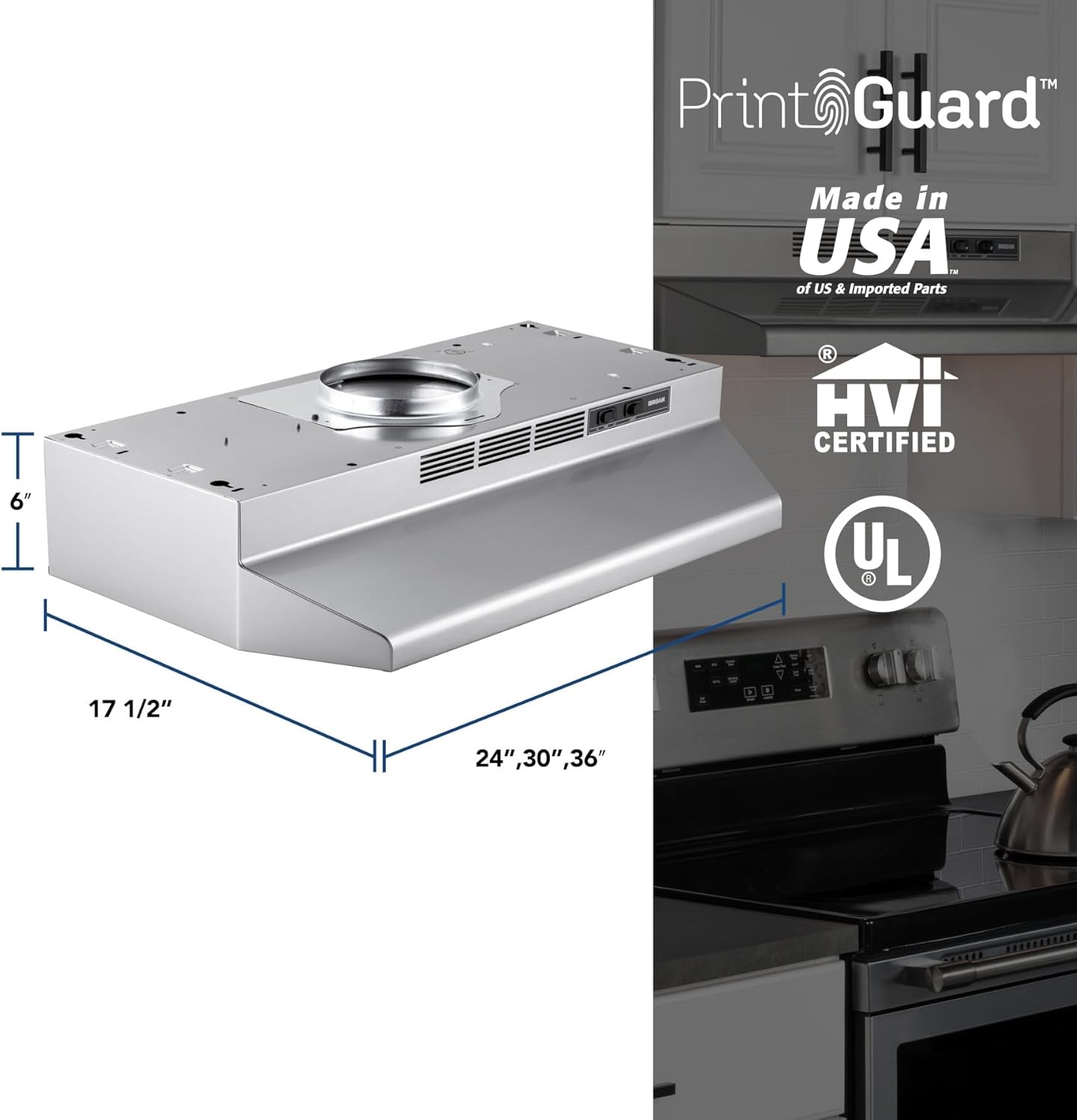 Broan-NuTone F4024SF Inch Fingerprint Resistant Convertible, 230 Max Blower CFM, 24", Stainless Finish with PrintGuard Under-Cabinet Range Hood