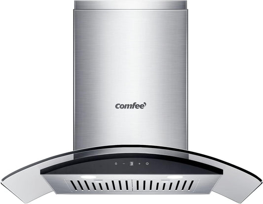 COMFEE' Curved Glass Range Hood 30 Inch 450 CFM 3 Speed Gesture Sensing &Touch Control Panel Stainless Steel kitchen Ductless/Ducted Convertible with Baffle Filters and 2 LED Lights (CVG30W9AST)