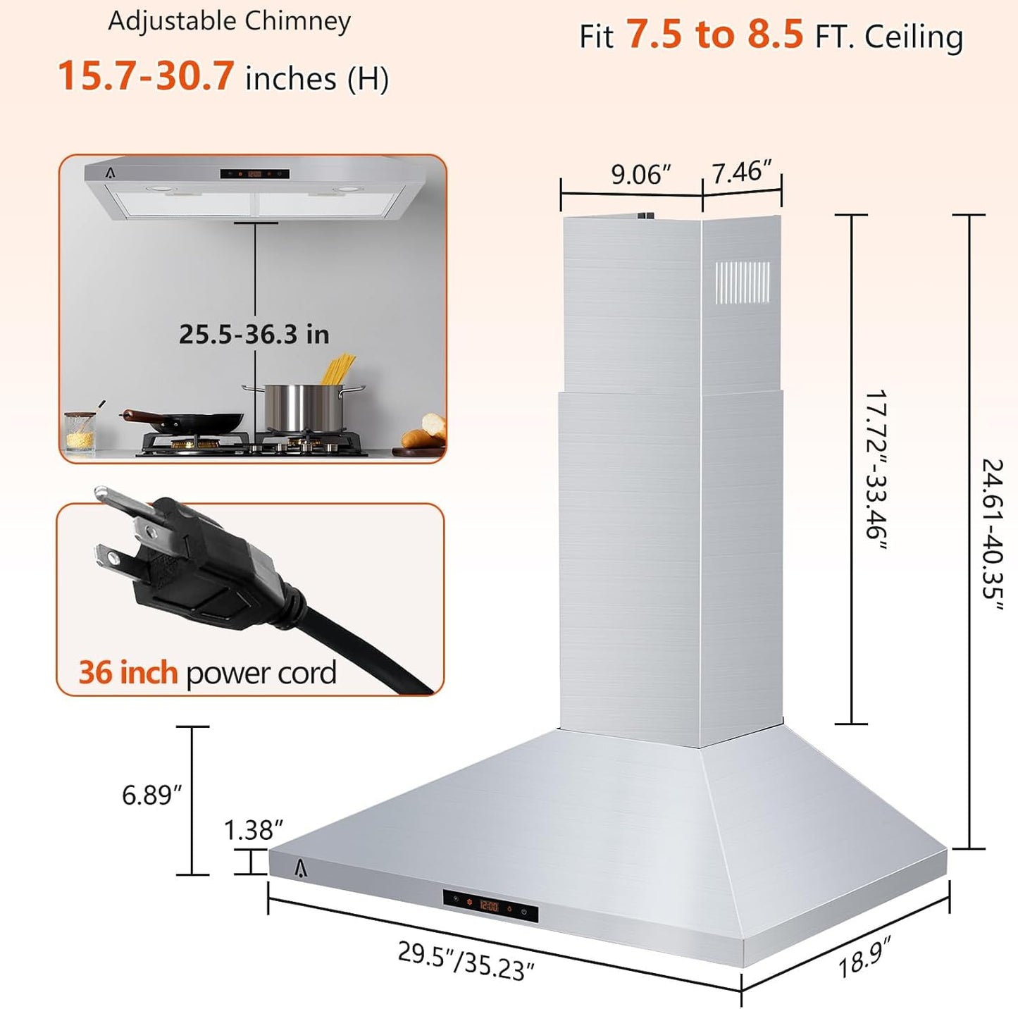 30 Inch Wall Mount Range Hood 265 CFM Ducted/Ductless Convertible, Stainless Steel Kitchen Range Vent Hood with 3 Inhalation Speeds, Touch Control, LED Lights