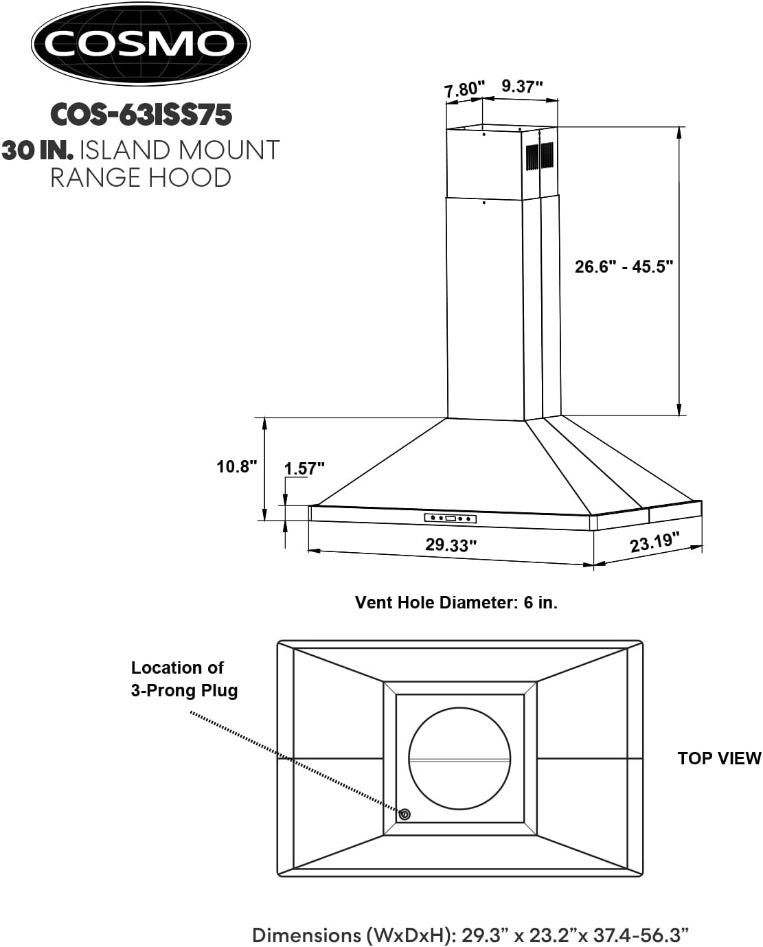 COSMO COS-63ISS75 30 in. Lumin Collection 380 CFM Ducted Island Range Hood, Soft Touch Controls, LED Lights, Stainless Steel