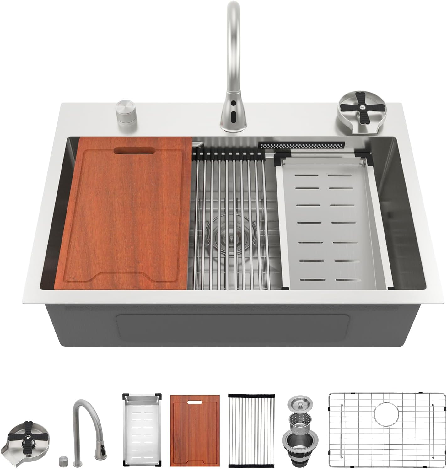 Lordear 33 Drop In Kitchen Sink Workstation 33x22 Kitchen Sinks Drop In Stainless Steel 16 Gauge Single Bowl Handmade Topmount Sink with Cutting Board