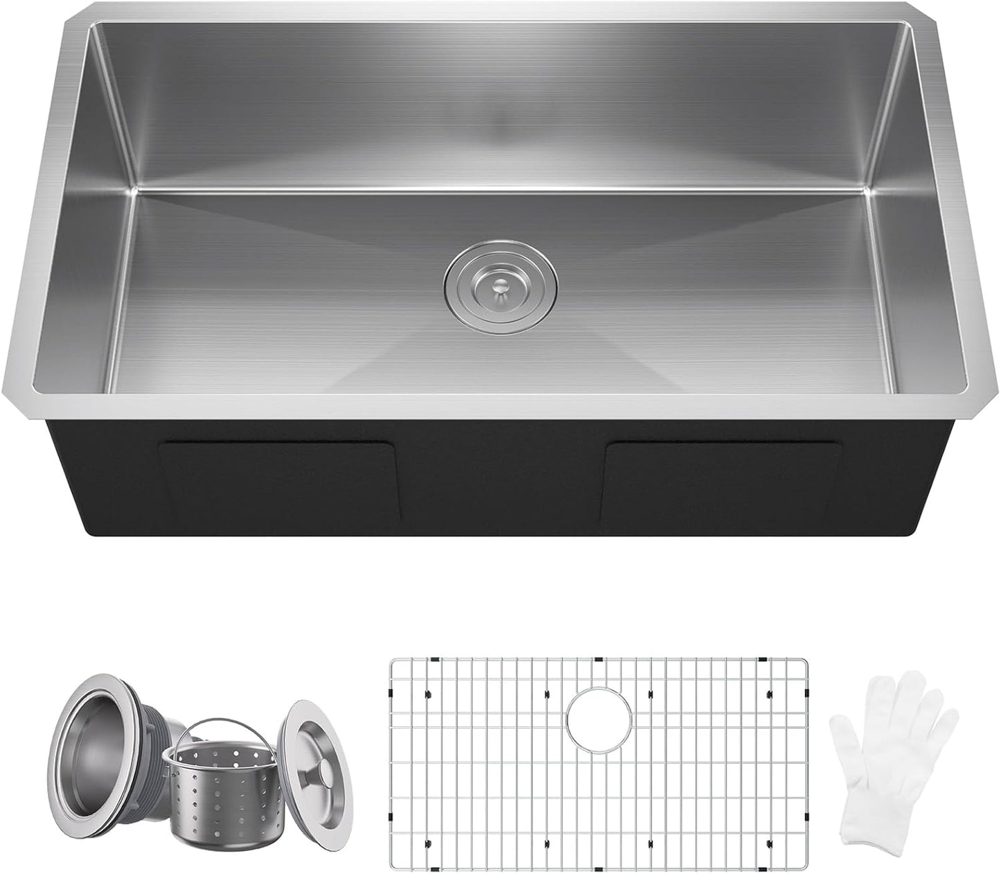 32x18 Undermount Kitchen Sink, WATERLACE Premium 16 Gauge 304 Stainless Steel Handmade Modern Kitchen Sink with Bottom Grid & Drain Assembly
