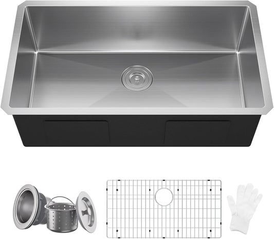 32x18 Undermount Kitchen Sink, WATERLACE Premium 16 Gauge 304 Stainless Steel Handmade Modern Kitchen Sink with Bottom Grid & Drain Assembly
