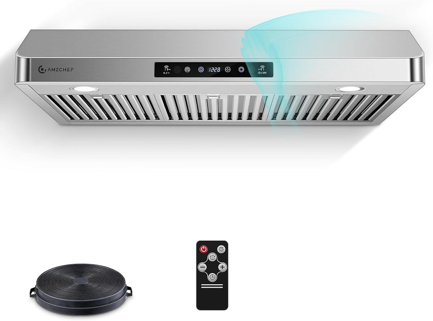 AMZCHEF Under Cabinet Range Hood 30 Inch, 750CFM Stainless Steel Kitchen Stove Vent Hood 3 Speed Exhaust Fan Touch/Remote/Gesture Control LED lights Time Setting Dishwasher-Safe Baffle Filters