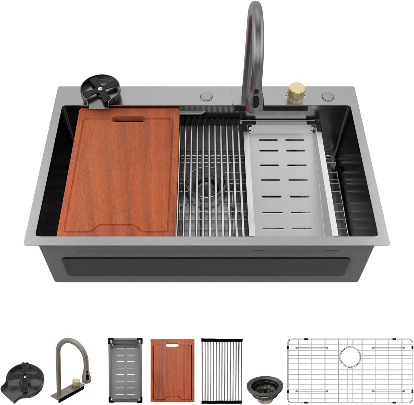 Lordear 33 Drop In Kitchen Sink Workstation 33x22 Kitchen Sinks Drop In Stainless Steel 16 Gauge Single Bowl Handmade Topmount Sink with Cutting Board