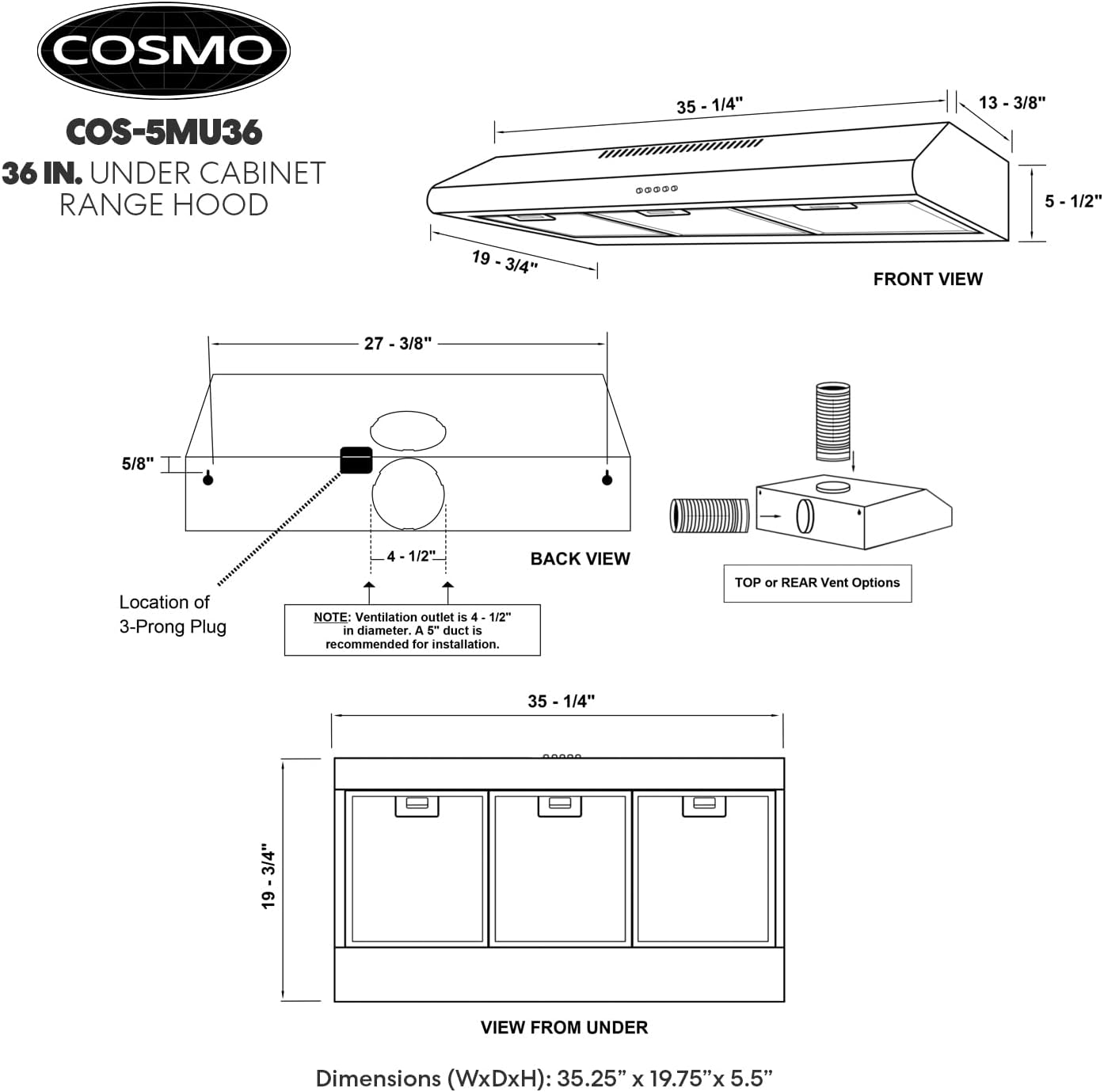 COSMO COS-5MU36 36 in. Delta Collection Ducted Under Cabinet Range Hood, Button Controls, Reusable Filters, LED Lights, Stainless Steel