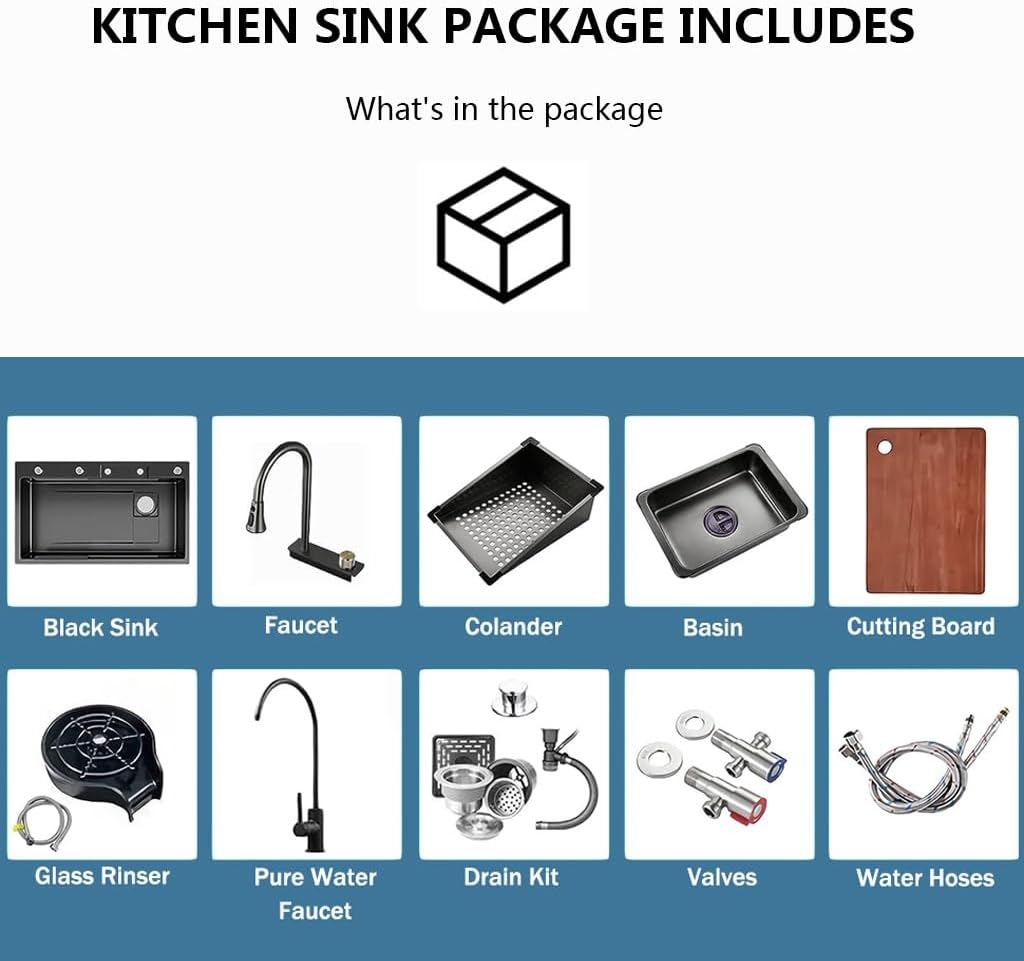 Black Waterfall Kitchen Sink, Drop in Single Bowl Stainless Steel Bar Sink with Cup Washer Sinks, Topmount Workstation Kitchen Sink with Accessories (Size : 26.8 x 17.7in)