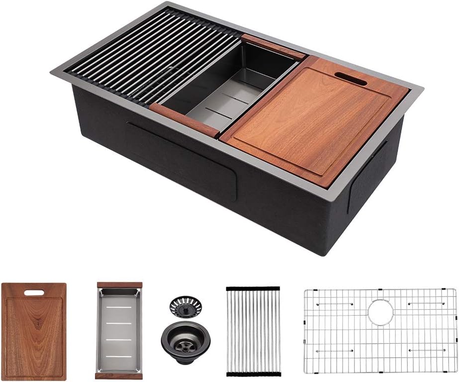 Sarlai 33 Undermount Sink Gold Stainless - 33" x19" Kitchen Sink Ledge Workstation Gold 16 Gauge Stainless Steel Deep Single Bowl Under Counter Rectangular Kitchen Sinks Basin